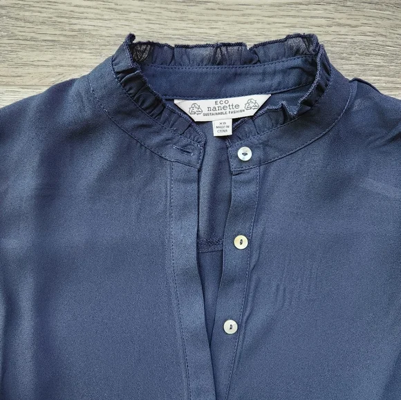 Eco Nanette Lepore Navy Shirt Womens Xs Ruffle Three Quarter Sleeves - Picture 3 of 10